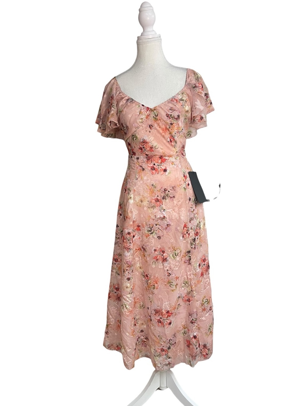 Lulus Camillo V-Neck Flutter Sleeve Jacquard Midi Dress Blush Pink Floral